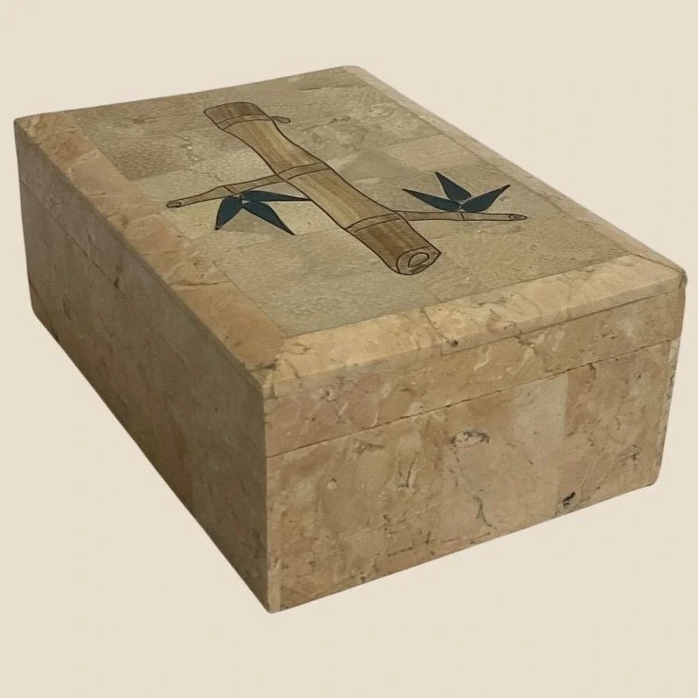 Vintage Inlaid Tessellated Stone Jewelry Box w/ Wooden Liner & Tray Bamboo Motif